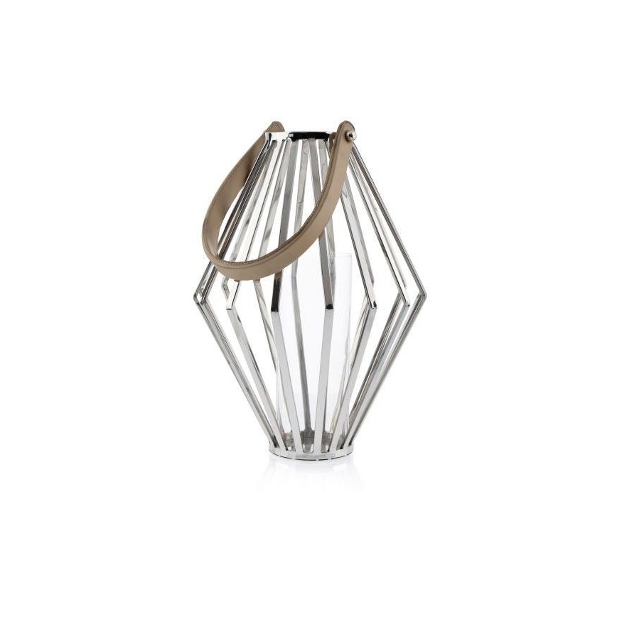 Lanterne GEOM 41 cm chrome brillant/marron