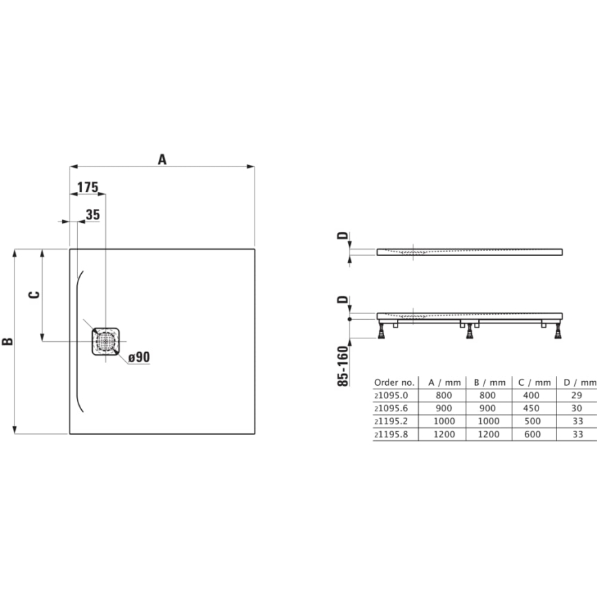 LAUFEN H2109560000001 - Vierkante PRO douchebak 90x90 cm marbond/wit