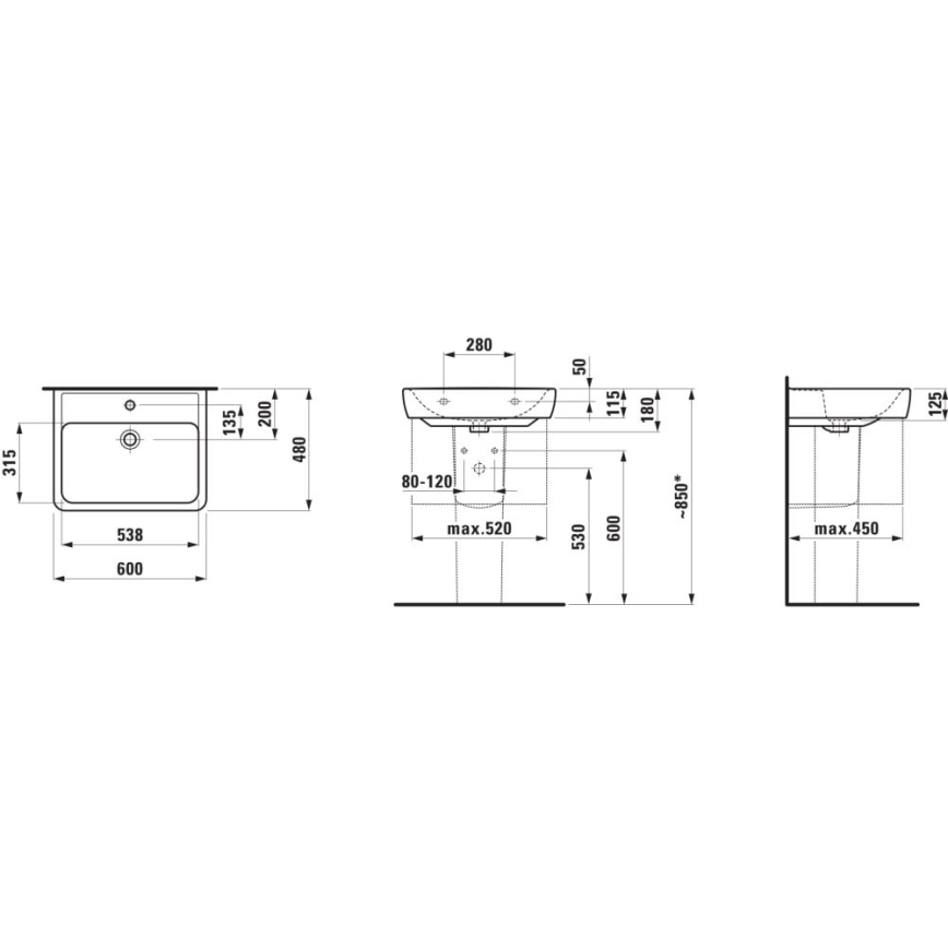 LAUFEN H8189520001041 - Aanrecht wastafel/aan de muur bevestigd PRO 60x48 cm keramiek/wit