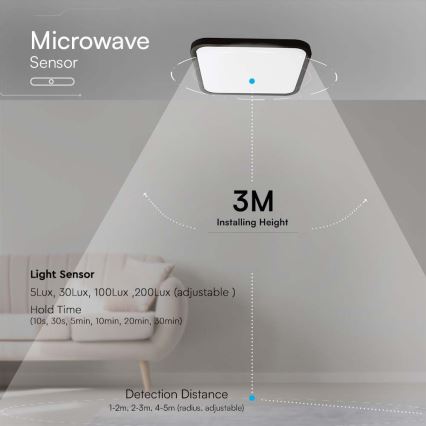 LED Badkamer plafondlamp met sensor LED/36W/230V 4000K IP44 42x42 cm zwart + afstandsbediening