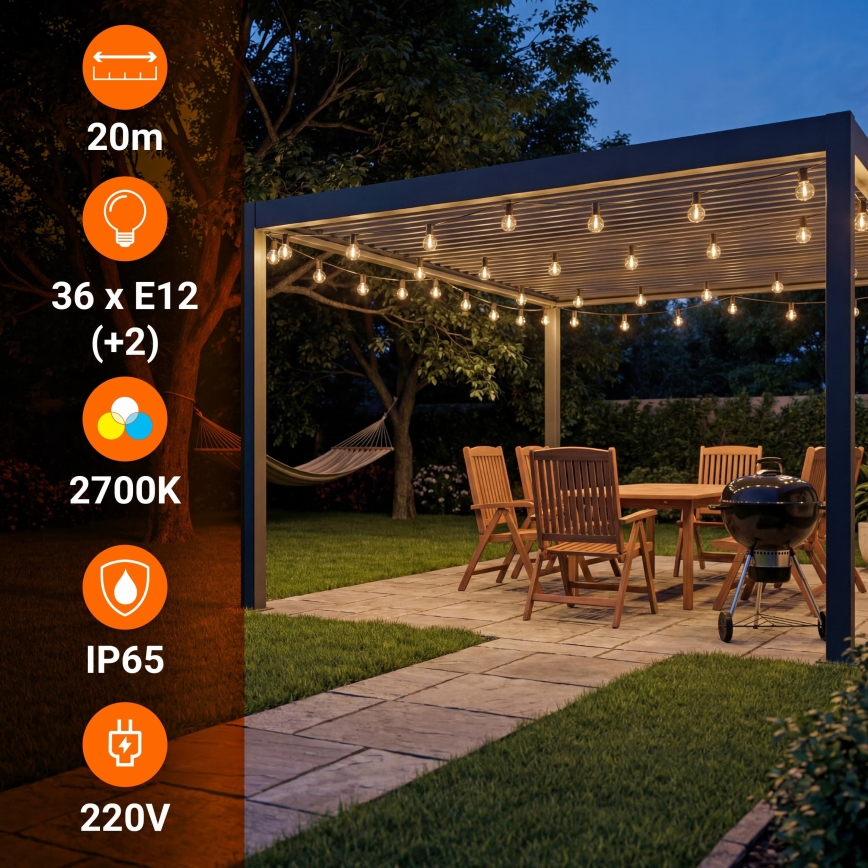 LED buiten decoratieve lichtsnoer 36xE12/1W/230V 22,35 m IP65 zwart