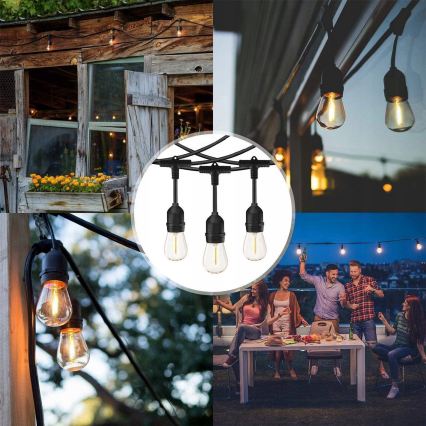 LED buiten decoratieve lichtsnoer met 30 E27-fittingen, 1 W per lamp, 230 V, 16,44 m, IP44, zwart