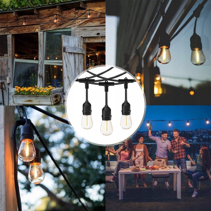 LED buiten decoratieve lichtsnoer met 30 E27-fittingen, 1 W per lamp, 230 V, 16,44 m, IP44, zwart