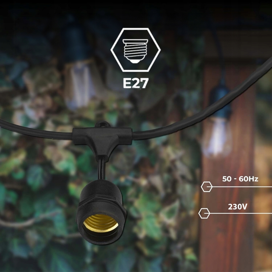 LED buiten decoratieve lichtsnoer met 30 E27-fittingen, 1 W per lamp, 230 V, 16,44 m, IP44, zwart