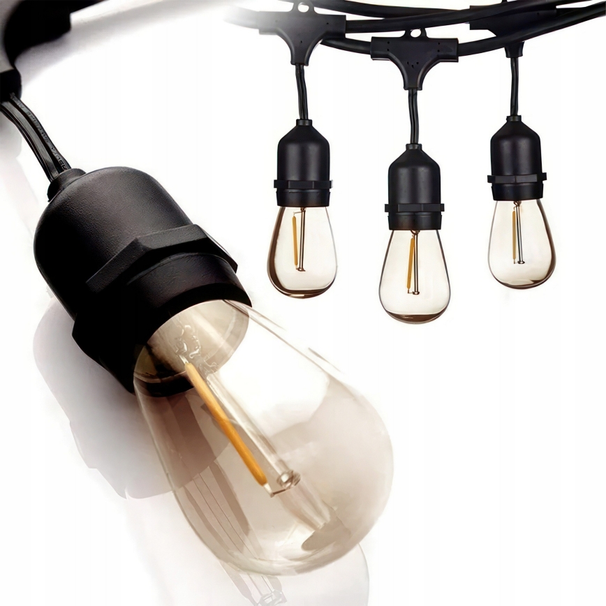 LED buiten decoratieve lichtsnoer met 30 E27-fittingen, 1 W per lamp, 230 V, 16,44 m, IP44, zwart