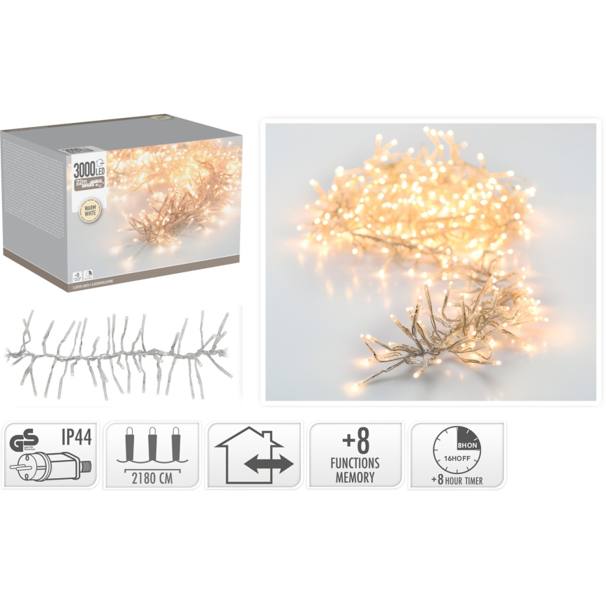 LED buiten kerstlichtsnoer 3000xLED/230V/8 functies 24,8 m IP44 warm wit