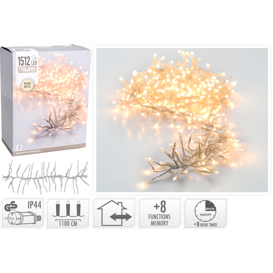 LED Buiten kerstverlichting 1512xLED/230V/8 functies 14 m IP44 warm wit