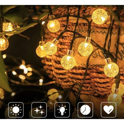 LED decoratiesnoer op zonne-energie, 30×LED, 8 functies, 500 mAh, 6,5 m, IP67, warm wit
