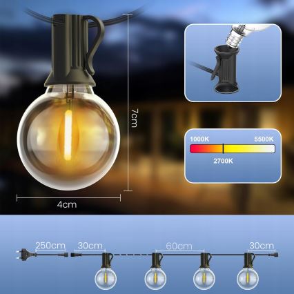 LED dimbare decoratieve lichtslinger voor buiten 25xE12/1W/24/230V 17,5 m IP65 zwart + afstandsbediening