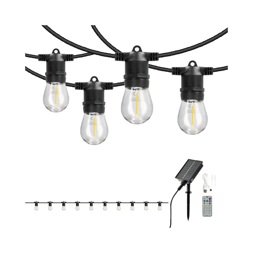 LED-dimbare op zonne-energie decoratieve lichtsnoer STARLIGHT NEO 10xE27/3,7V 2700K IP54 1200 mAh 11,5m + afstandsbediening