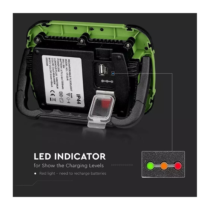 LED Dimbaar oplaadbaar Schijnwerper SAMSUNG CHIP + Functie SOS LED/20W/3,7V/USB IP44 4000K 7200 mAh groen