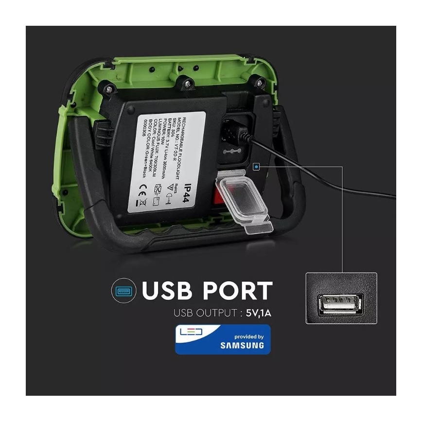 LED Dimbaar oplaadbaar Schijnwerper SAMSUNG CHIP + Functie SOS LED/20W/3,7V/USB IP44 4000K 7200 mAh groen