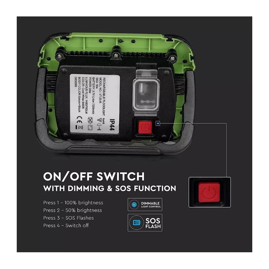 LED Dimbaar oplaadbaar Schijnwerper SAMSUNG CHIP + Functie SOS LED/20W/3,7V/USB IP44 4000K 7200 mAh groen
