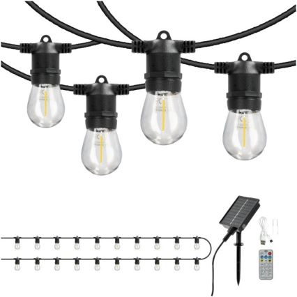 LED-dimbare zonnegevoede decoratieve lichtsnoer STARLIGHT NEO 20xE27/3,7V 2700K IP54 2400 mAh 21,5m + afstandsbediening