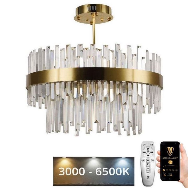 LED dimbare kristallen hanglamp aan stang LED/80W/230V 3000-6500K goud + afstandsbediening