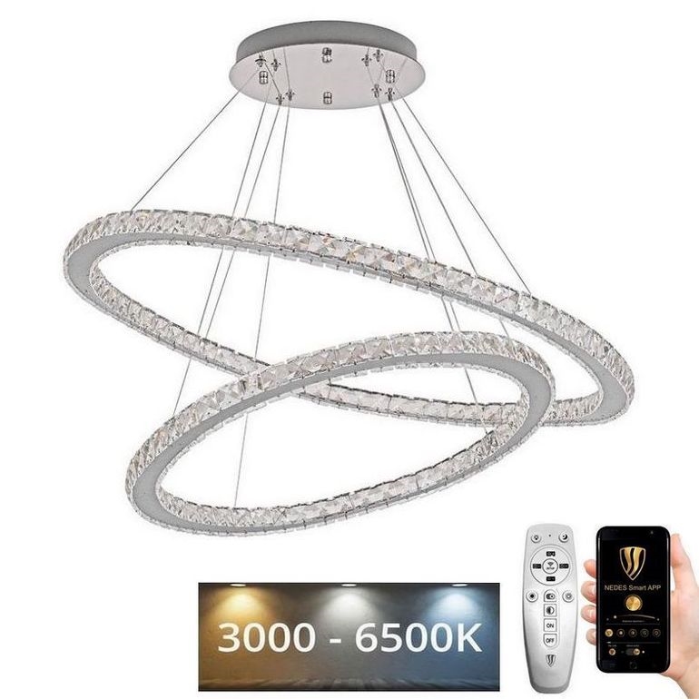 LED dimbare kristallen kroonluchter met kabelophanging LED/160W/230V 3000-6500K zilver + afstandsbediening