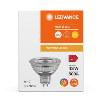 Dimbare LED-reflectorlamp MR16 GU5,3/6,6W/12V 3000K 36° CRI 97 - Ledvance