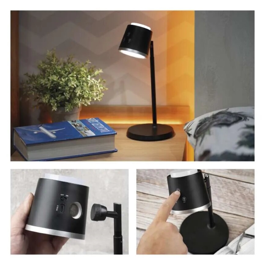 LED Dimbare oplaadbare tafellamp 4in1 LED/6W/3,7V 3000K/4000K/6500K 1500mAh zwart