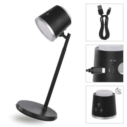 LED Dimbare oplaadbare tafellamp 4in1 LED/6W/3,7V 3000K/4000K/6500K 1500mAh zwart