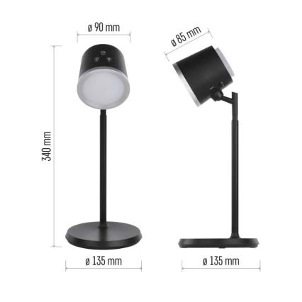 LED Dimbare oplaadbare tafellamp 4in1 LED/6W/3,7V 3000K/4000K/6500K 1500mAh zwart