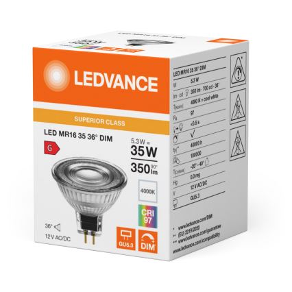 LED dimbare MR16 reflectorlamp GU5,3/5,3W/12V 4000K 36° CRI 97 - Ledvance