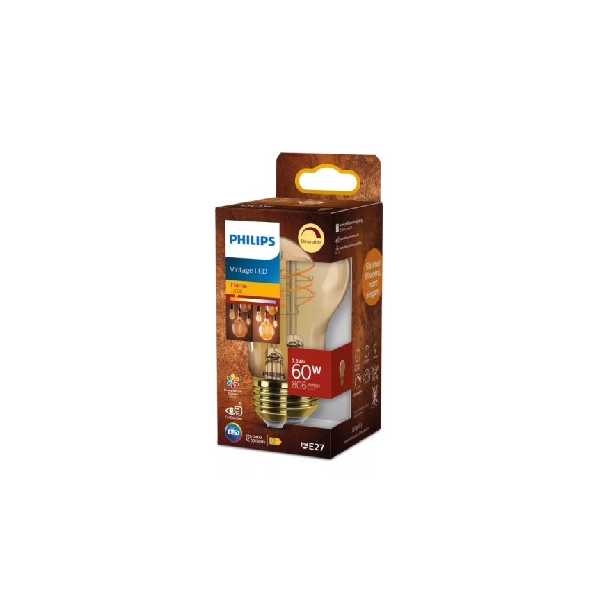 LED dimbare VINTAGE gloeilamp Philips A60 E27/7,3W/230V 2200K