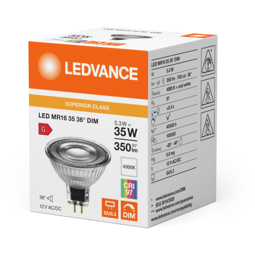 Ampoule LED réflecteur dimmable MR16 GU5,3/5,3W/12V 4000K 36° IRC 97 - Ledvance