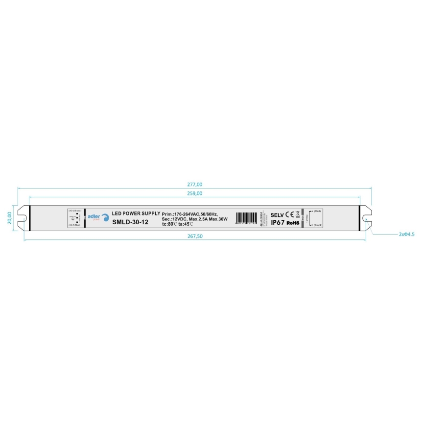 LED Elektrische transformator DRIVER 30W/230V/12V IP67