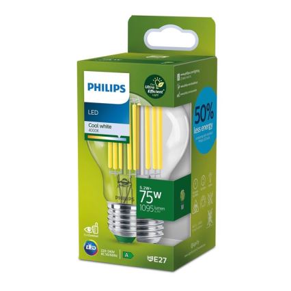 LED-filamentlamp Philips A60 E27/5,2W/230V 4000K