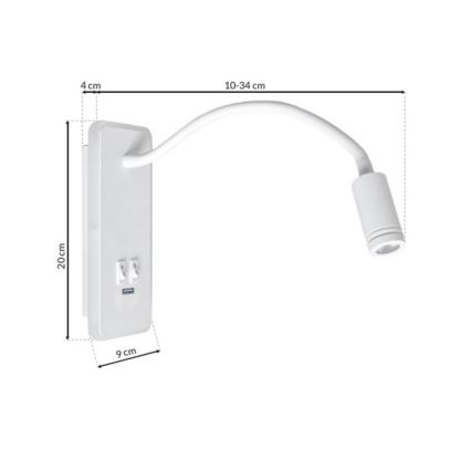 LED Flexibel wall klein lamp met USB BASE 1xLED/8W+1xLED/2W/230V wit