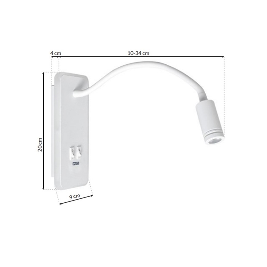 LED Flexibel wall klein lamp met USB BASE 1xLED/8W+1xLED/2W/230V wit