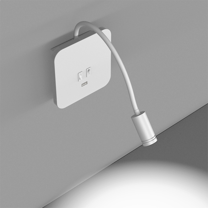 LED Flexibel wall klein lamp met USB BASE 1xLED/8W + 1xLED/2W/230V wit