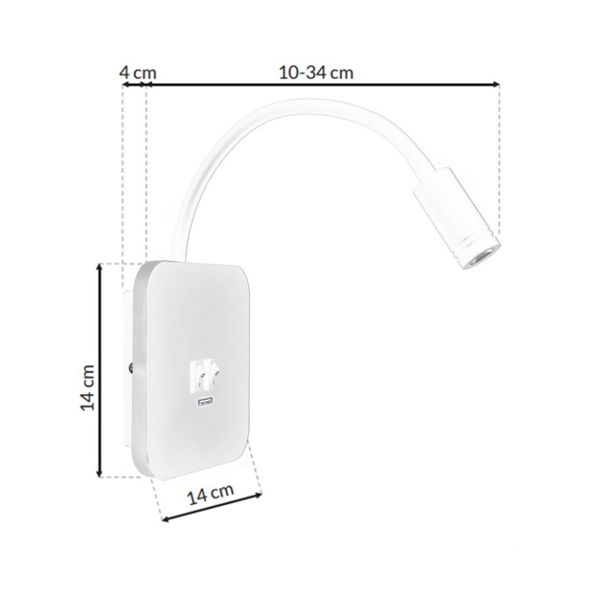 LED Flexibel wall klein lamp met USB BASE 1xLED/8W + 1xLED/2W/230V wit