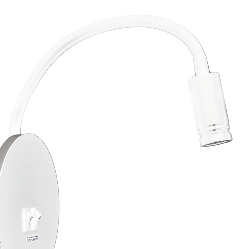 LED Flexibel wall klein lamp met USB BASE 1xLED/8W+1xLED/2W/230V wit/zilver