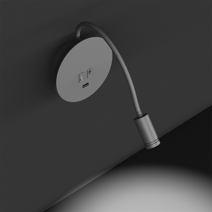 LED Flexibel wall klein lamp met USB BASE 1xLED/8W+1xLED/2W/230V wit/zilver