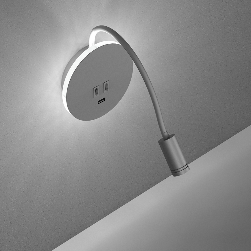 LED Flexibel wall klein lamp met USB BASE 1xLED/8W+1xLED/2W/230V wit/zilver