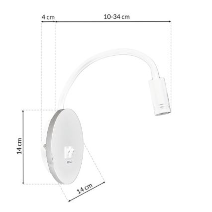 LED Flexibel wall klein lamp met USB BASE 1xLED/8W+1xLED/2W/230V wit/zilver