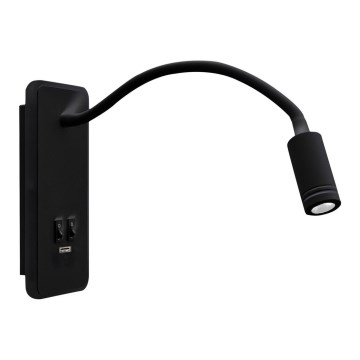 LED Flexibel wall klein lamp met USB BASE 1xLED/8W+1xLED/2W/230V zwart