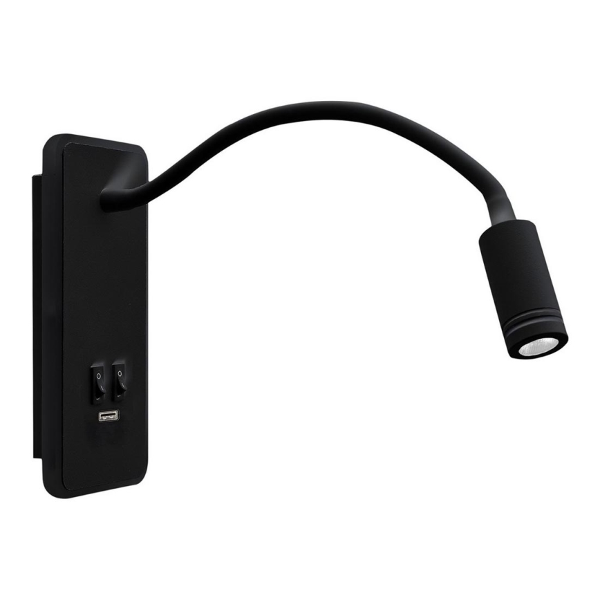 LED Flexibel wall klein lamp met USB BASE 1xLED/8W+1xLED/2W/230V zwart