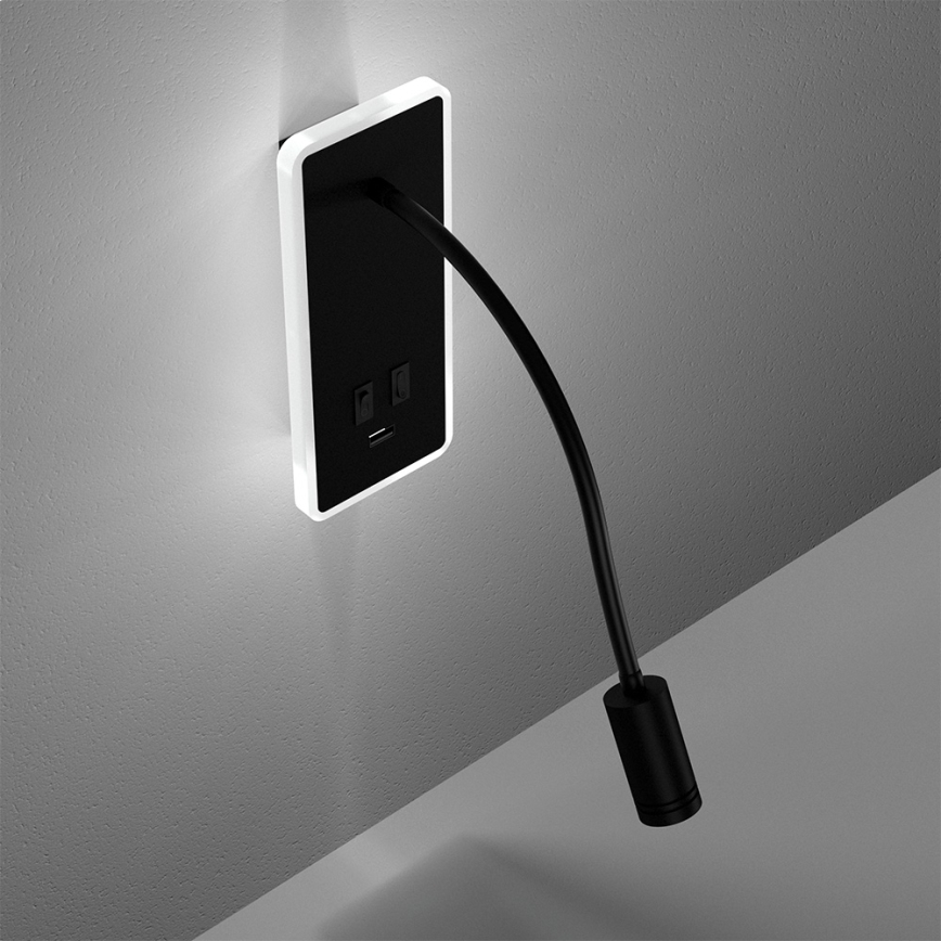 LED Flexibel wall klein lamp met USB BASE 1xLED/8W+1xLED/2W/230V zwart