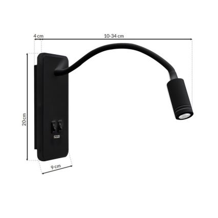LED Flexibel wall klein lamp met USB BASE 1xLED/8W+1xLED/2W/230V zwart