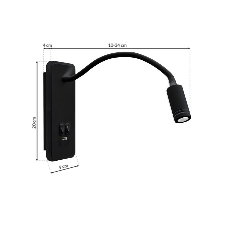LED Flexibel wall klein lamp met USB BASE 1xLED/8W+1xLED/2W/230V zwart