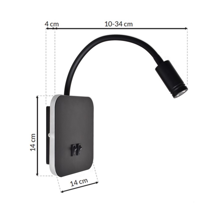 LED Flexibele wandlamp BASE 1xLED/8W+1xLED/2W/230V zwart/zilver