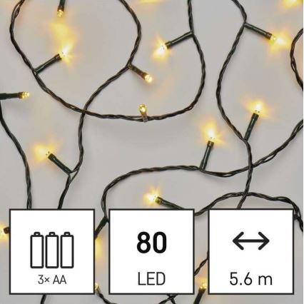 LED kerstlichtsnoer voor buiten 80xLED/3xAA 6,1m IP44 warm wit