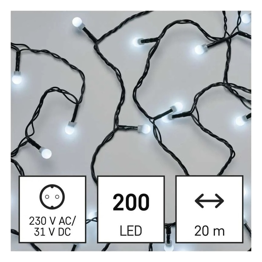 LED kerstverlichting 200 LEDs / 8 functies, 20 m, IP44, koel wit