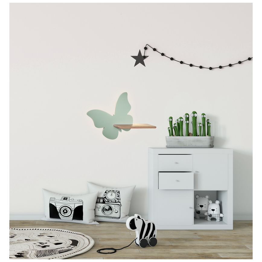 LED Kinderwandlamp met plank BUTTERFLY LED/5W/230V groen/hout