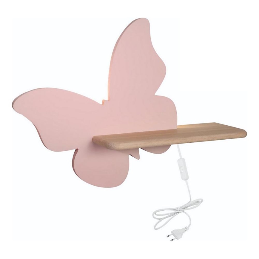 LED Kinderwandlamp met plank BUTTERFLY roze/hout | Lumimania