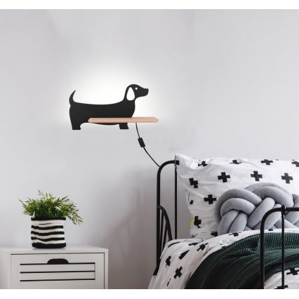 LED kinderwandlamp met plank DOG LED/5W/230V zwart/hout