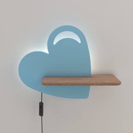 LED Kinderwandlamp met plank HEART LED/5W/230V blauw/hout