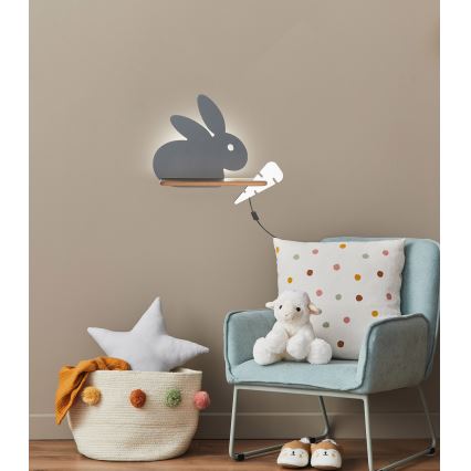 LED Kinderwandlamp met plank RABBIT LED/4W/230V grijs/wit/hout